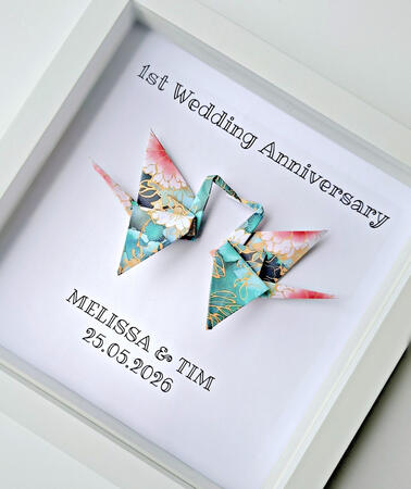 Personalised 1st Anniversary Gift with Lucky Origami Cranes for the Paper Anniversary featuring couple's names & date of anniversary.