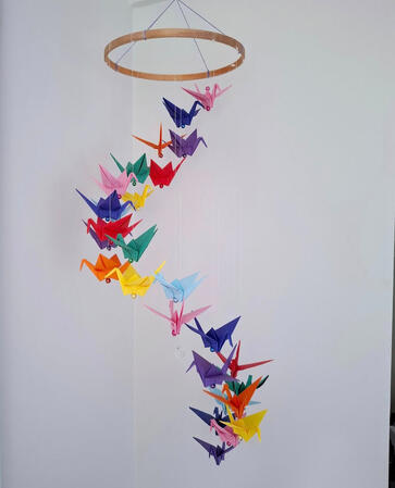 Multicoloured Origami Paper Cranes Spiral Mobile