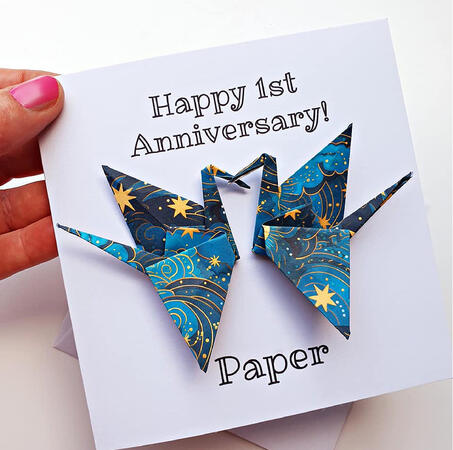 1st Anniversary Card for the Paper Anniversary featuring 2 hand folded Origami Paper Cranes